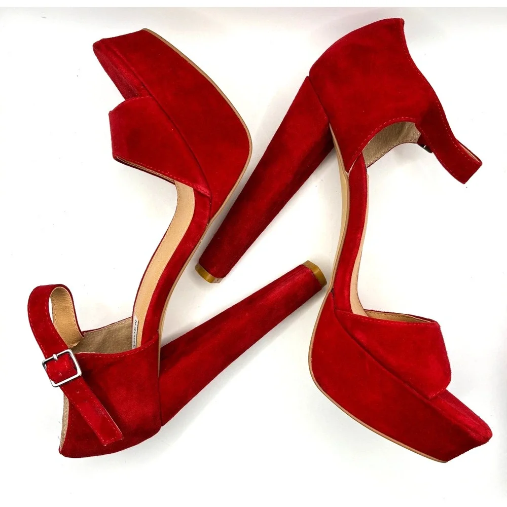 Steve Madden‎ Red Suede Platform Ankle Strap Block Heels Women's Size 10